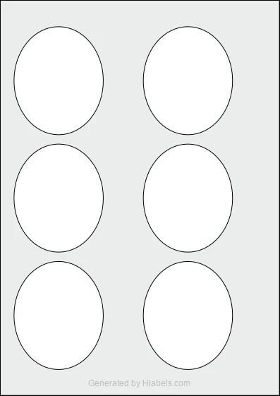 WatsonLabel® LL067081 template with 6 oval 67 x 81 millimeter labels per sheet, on A4-size adhesive blank label sheets.