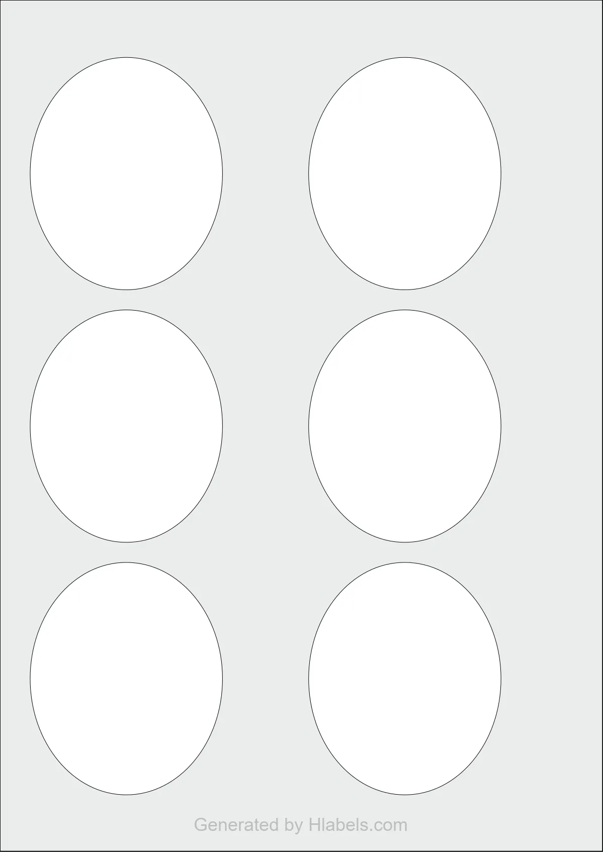 WatsonLabel® LL067081 template with 6 oval 67 x 81 millimeter labels per sheet, on A4-size adhesive blank label sheets.