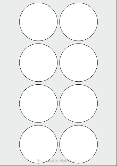 WatsonLabel® LL068068 template with 8 circle labels per sheet, each 68 millimeter in diameter, on A4-size adhesive blank label sheets.