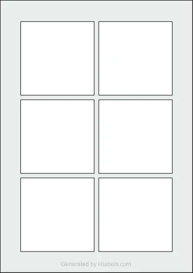 WatsonLabel® LL080080 template with 6 square 80 x 80 millimeter labels per sheet, on A4-size adhesive blank label sheets.
