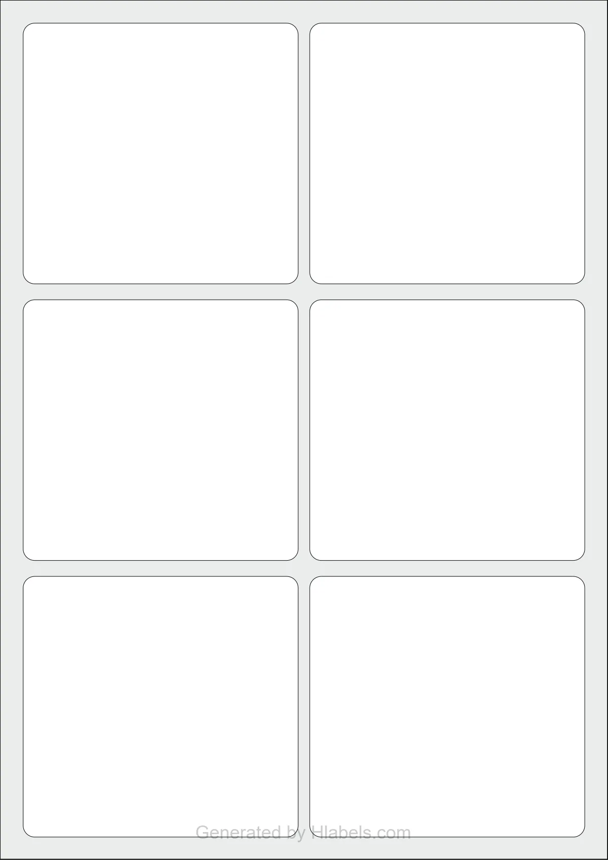 WatsonLabel® LL095090 template with 6 rectangular 95 x 90 millimeter labels per sheet, on A4-size adhesive blank label sheets.