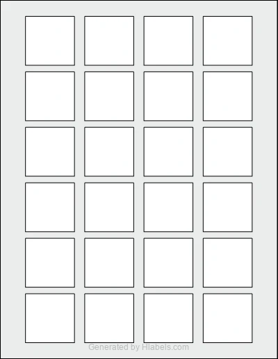 Avery® 22805 template with 24 square 1.5 x 1.5 inch labels per sheet, on Letter-size adhesive blank label sheets.
