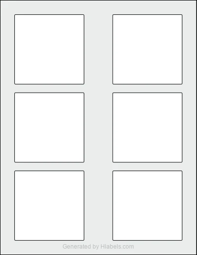 Avery® 35006 template with 6 square 3 x 3 inch labels per sheet, on Letter-size adhesive blank label sheets.