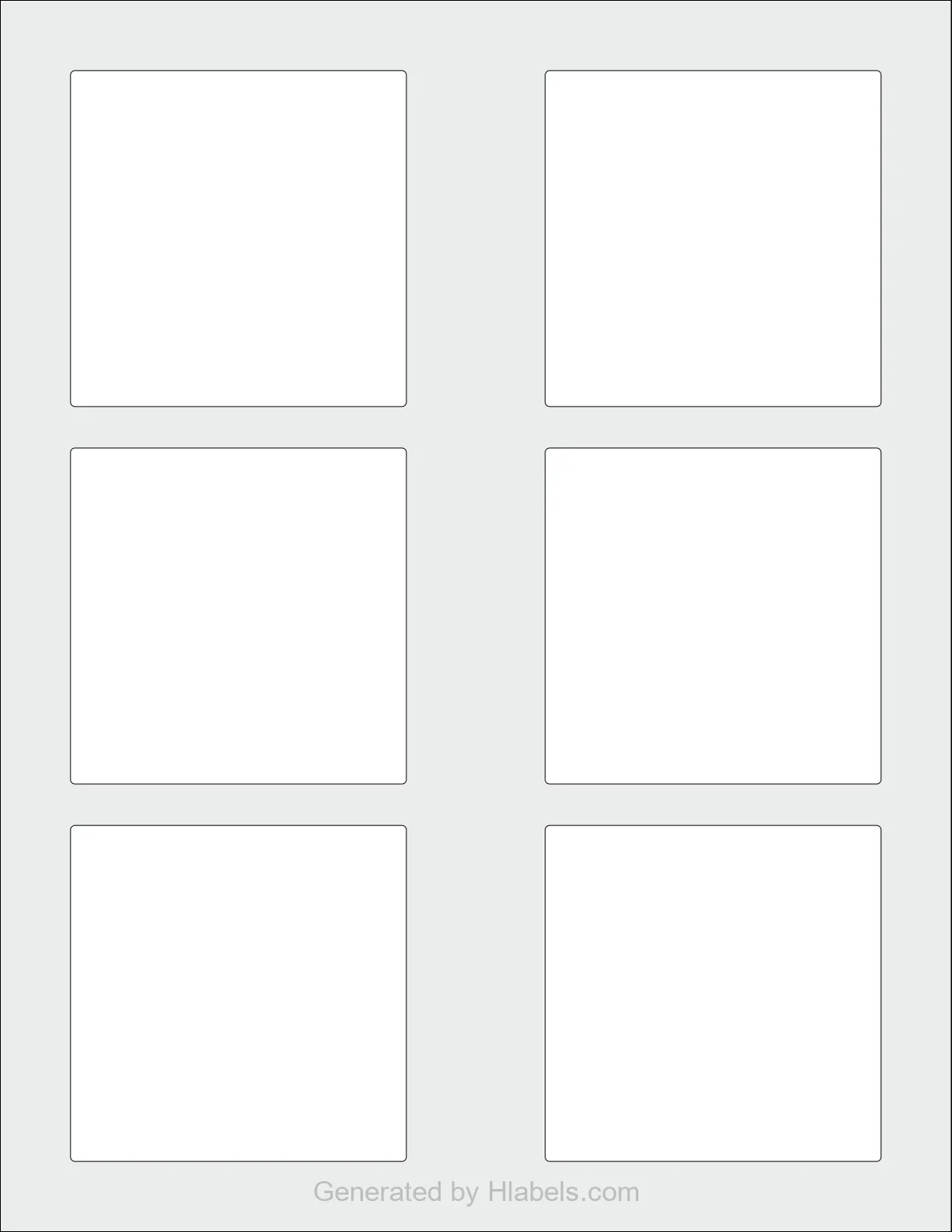 Avery® 35006 template with 6 square 3 x 3 inch labels per sheet, on Letter-size adhesive blank label sheets.