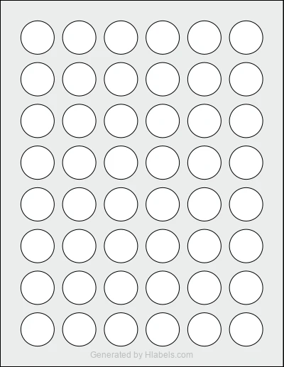 Avery Presta® 5656 template with 48 circle labels per sheet, each 1 inch in diameter, on Letter-size adhesive blank label sheets.