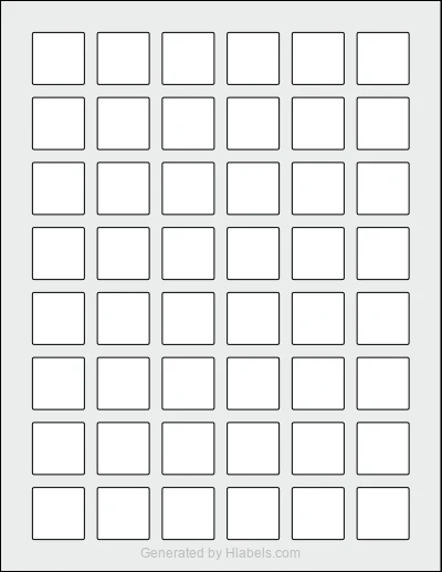 Avery Presta® 94103 template with 48 square 1 x 1 inch labels per sheet, on Letter-size adhesive blank label sheets.