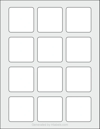 Avery Presta® 94105 template with 12 square 2.125 x 2.125 inch labels per sheet, on Letter-size adhesive blank label sheets.