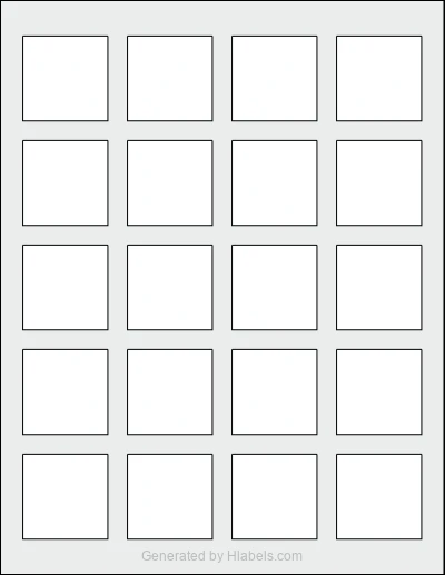 Avery Presta® 94110 template with 20 square 1.625 x 1.625 inch labels per sheet, on Letter-size adhesive blank label sheets.