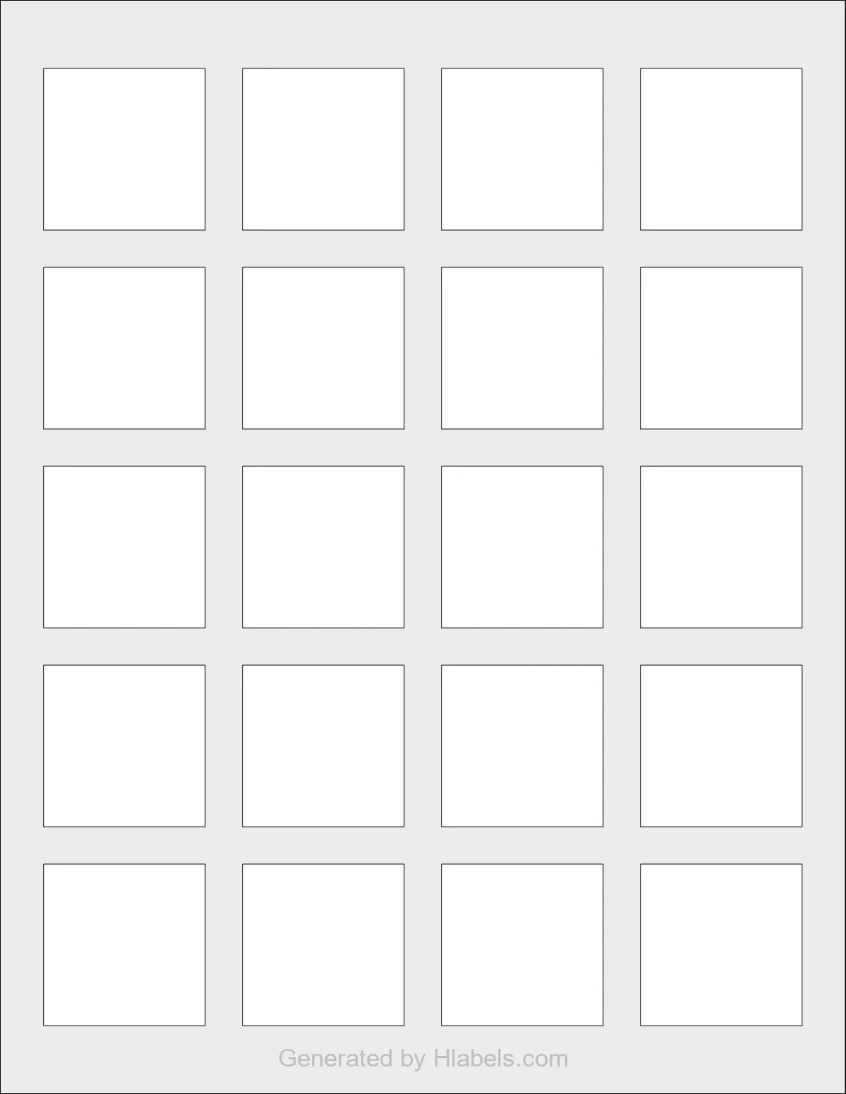Avery Presta® 94110 template with 20 square 1.625 x 1.625 inch labels per sheet, on Letter-size adhesive blank label sheets.
