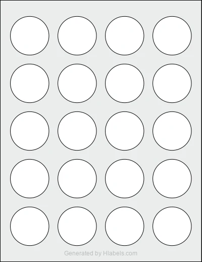 Avery Presta® 94507 template with 20 circle labels per sheet, each 1.625 inch in diameter, on Letter-size adhesive blank label sheets.