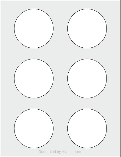Avery Presta® 94512 template with 6 circle labels per sheet, each 2.75 inch in diameter, on Letter-size adhesive blank label sheets.
