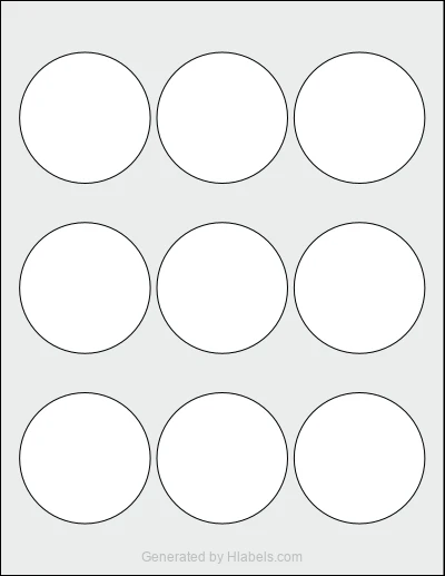 Avery Presta® 94515 template with 9 circle labels per sheet, each 2.5 inch in diameter, on Letter-size adhesive blank label sheets.