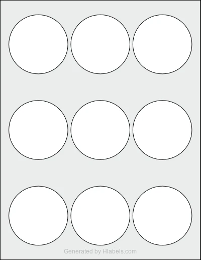 Avery Presta® 94516 template with 9 circle labels per sheet, each 2.5 inch in diameter, on Letter-size adhesive blank label sheets.
