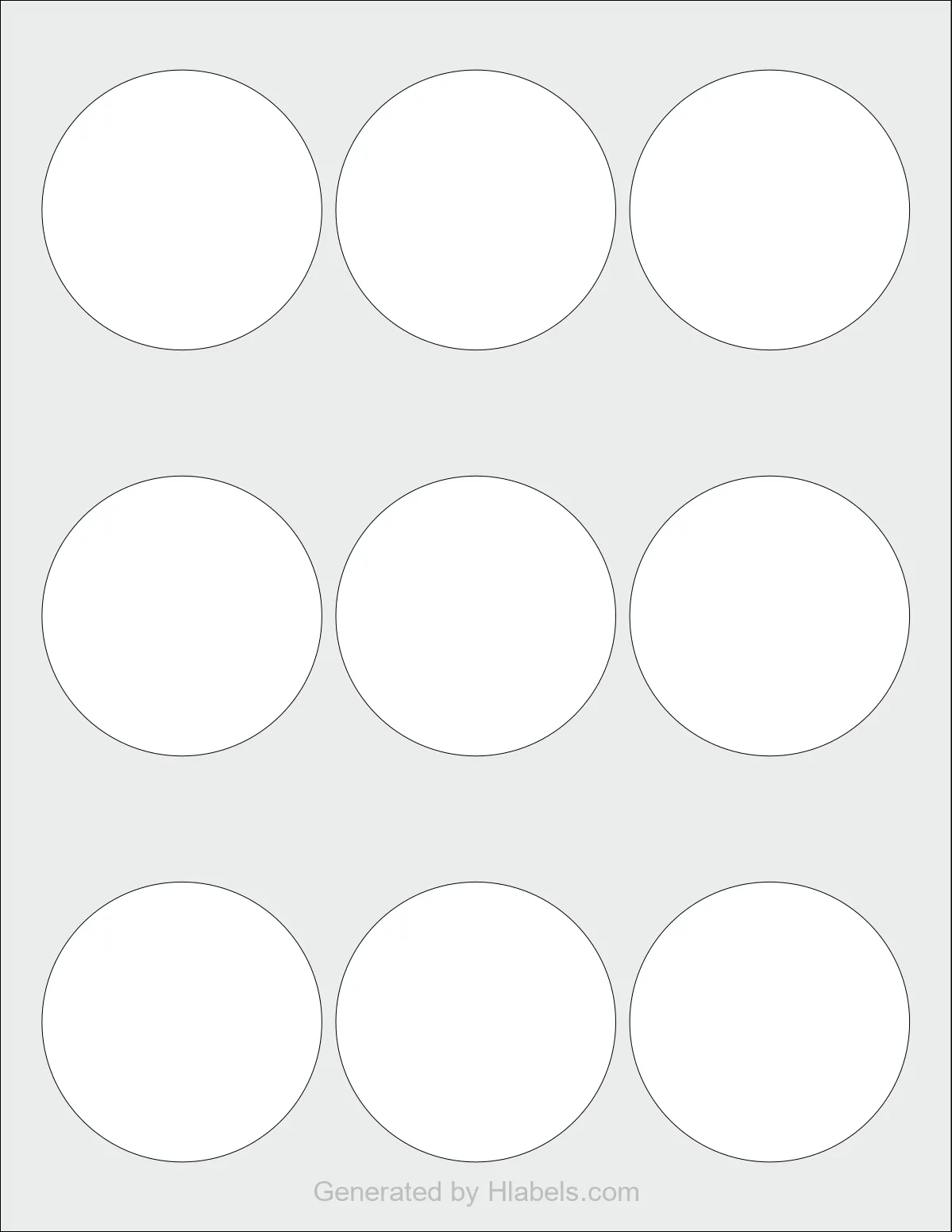 Avery Presta® 94516 template with 9 circle labels per sheet, each 2.5 inch in diameter, on Letter-size adhesive blank label sheets.