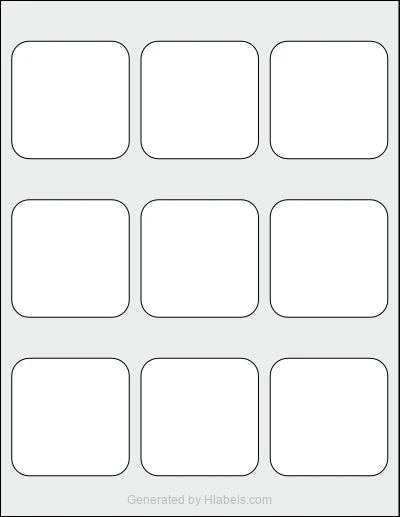 Avery Presta® 95327 template with 9 square 2.5 x 2.5 inch labels per sheet, on Letter-size adhesive blank label sheets.