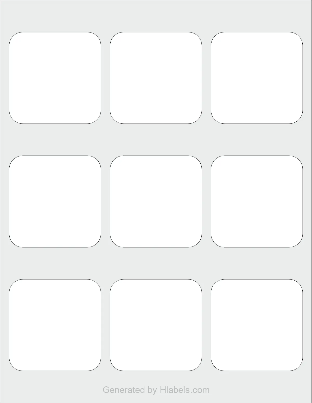 Avery Presta® 95327 template with 9 square 2.5 x 2.5 inch labels per sheet, on Letter-size adhesive blank label sheets.