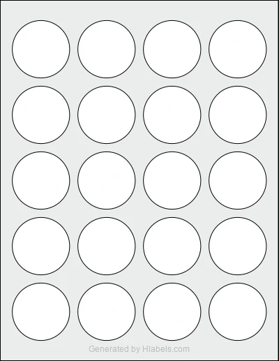 Avery Presta® 97204 template with 20 circle labels per sheet, each 1.75 inch in diameter, on Letter-size adhesive blank label sheets.