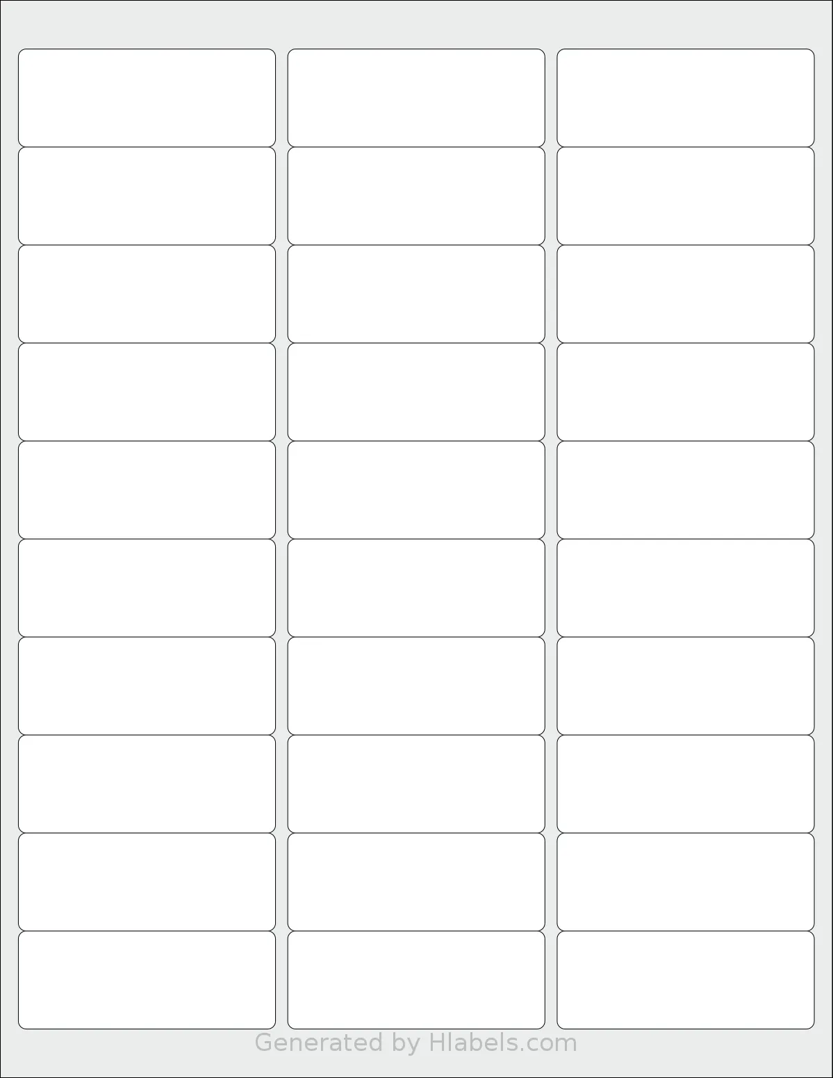 Batrical® 5160 template with 30 rectangular 2.625 x 1 inch labels per sheet, on Letter-size adhesive blank label sheets.