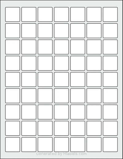 ChromaLabel® CAL04460 template with 63 square 1 x 1 inch labels per sheet, on Letter-size adhesive blank label sheets.