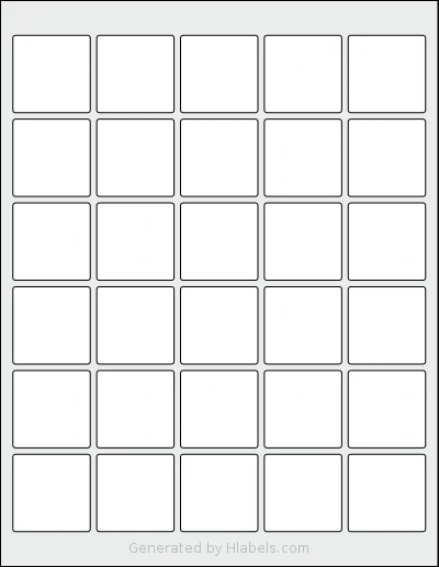 ChromaLabel® CAL04460S template with 30 square 1.5 x 1.5 inch labels per sheet, on Letter-size adhesive blank label sheets.