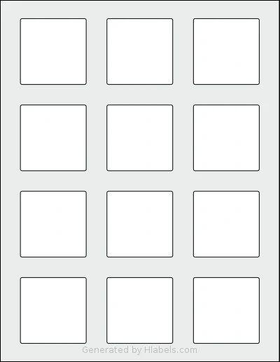 ChromaLabel® CAL04462 template with 12 square 2 x 2 inch labels per sheet, on Letter-size adhesive blank label sheets.