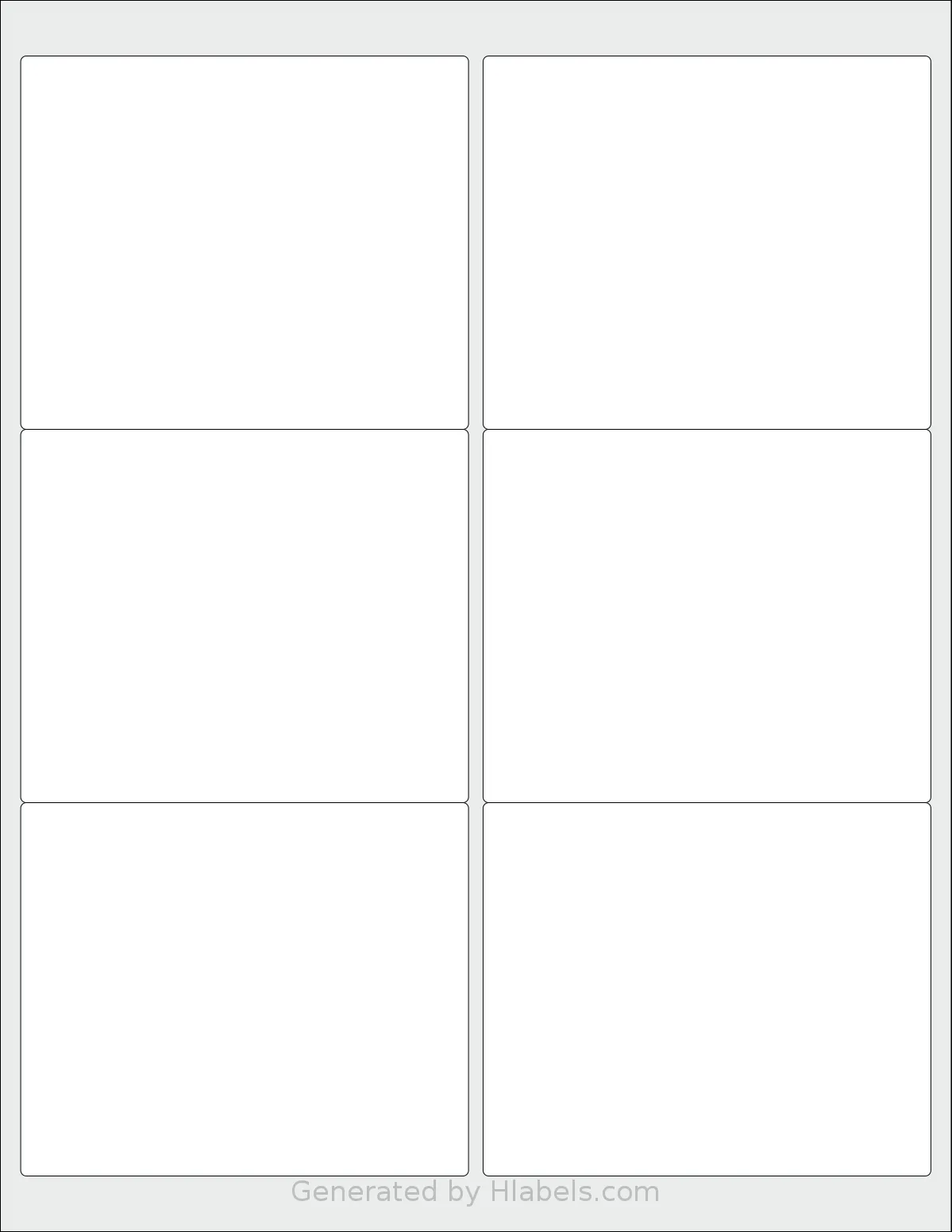ChromaLabel® CAL04465 template with 6 rectangular 4 x 3.3333 inch labels per sheet, on Letter-size adhesive blank label sheets.