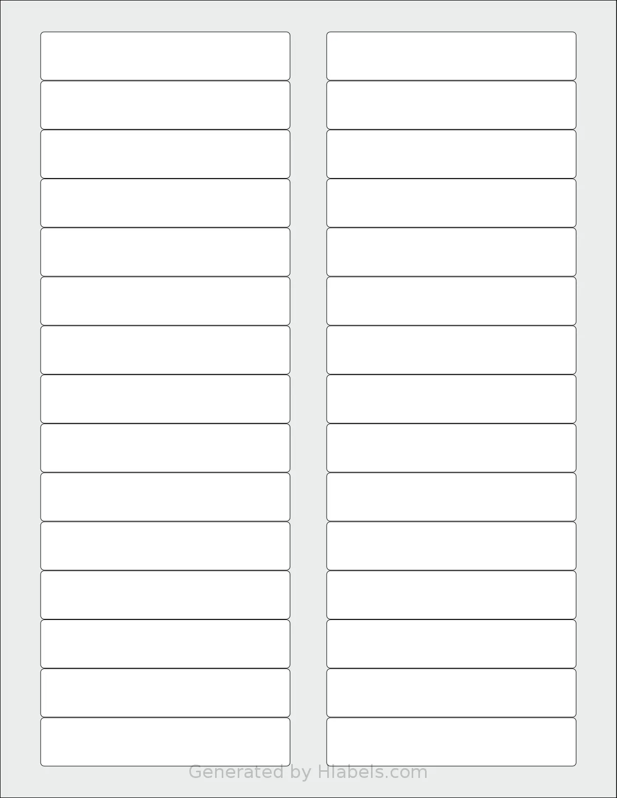 ChromaLabel® CAL04467 template with 30 rectangular 3.4375 x 0.6666 inch labels per sheet, on Letter-size adhesive blank label sheets.