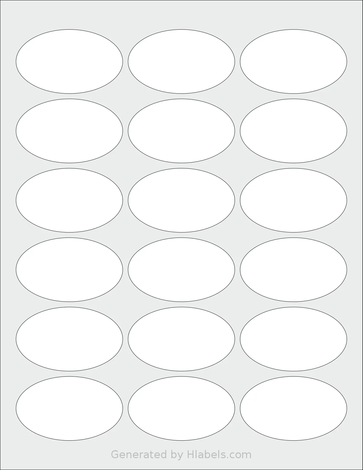 ChromaLabel® CAL04469 template with 18 oval 2.5 x 1.5 inch labels per sheet, on Letter-size adhesive blank label sheets.