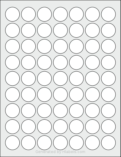 ChromaLabel® CAL04471 template with 63 circle labels per sheet, each 1 inch in diameter, on Letter-size adhesive blank label sheets.