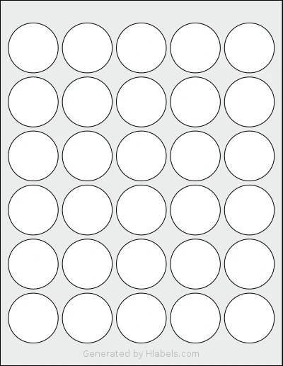 ChromaLabel® CAL04472 template with 30 circle labels per sheet, each 1.5 inch in diameter, on Letter-size adhesive blank label sheets.