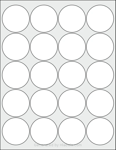 ChromaLabel® CAL04473 template with 20 circle labels per sheet, each 2 inch in diameter, on Letter-size adhesive blank label sheets.