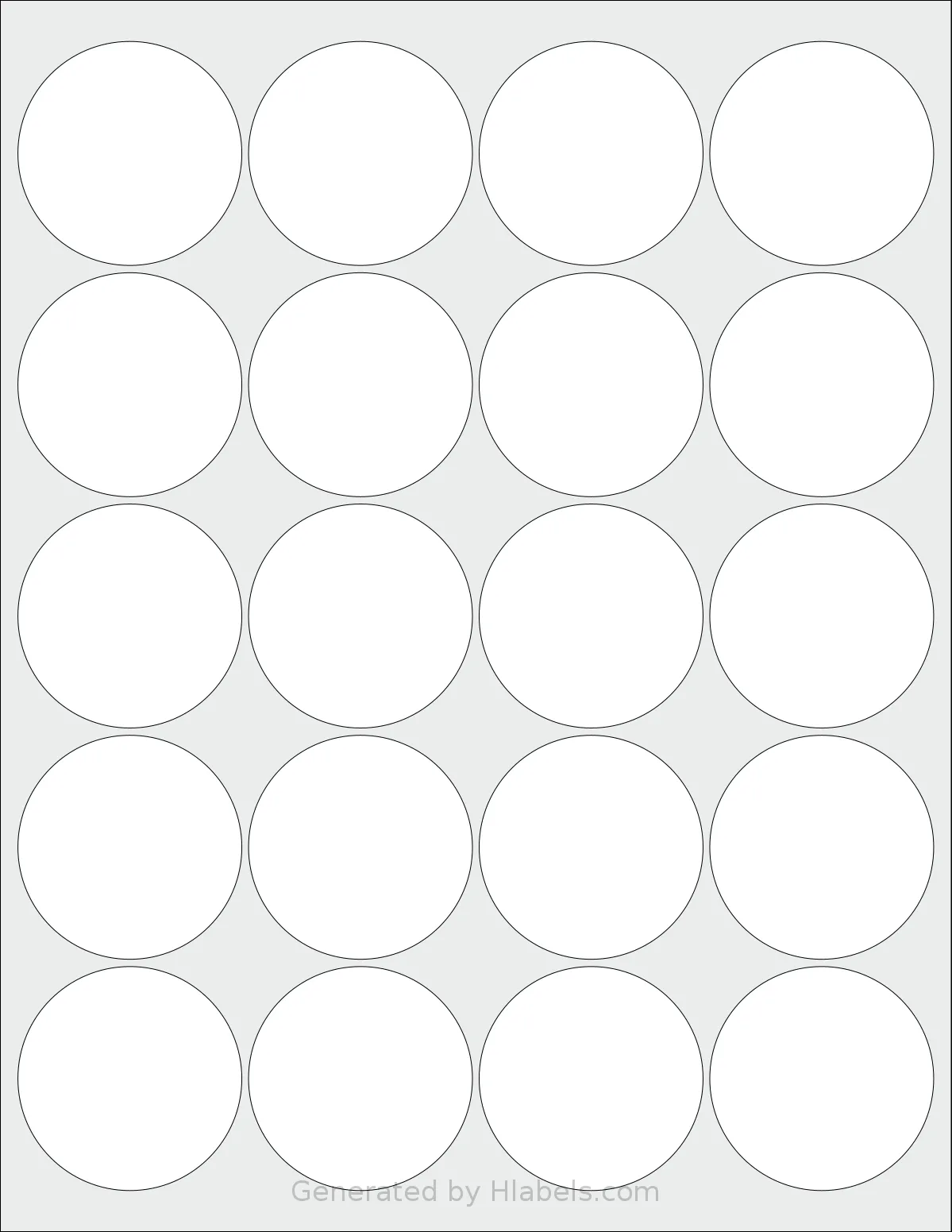 ChromaLabel® CAL04473 template with 20 circle labels per sheet, each 2 inch in diameter, on Letter-size adhesive blank label sheets.