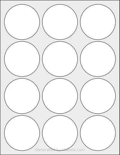 ChromaLabel® CAL04474 template with 12 circle labels per sheet, each 2.5 inch in diameter, on Letter-size adhesive blank label sheets.