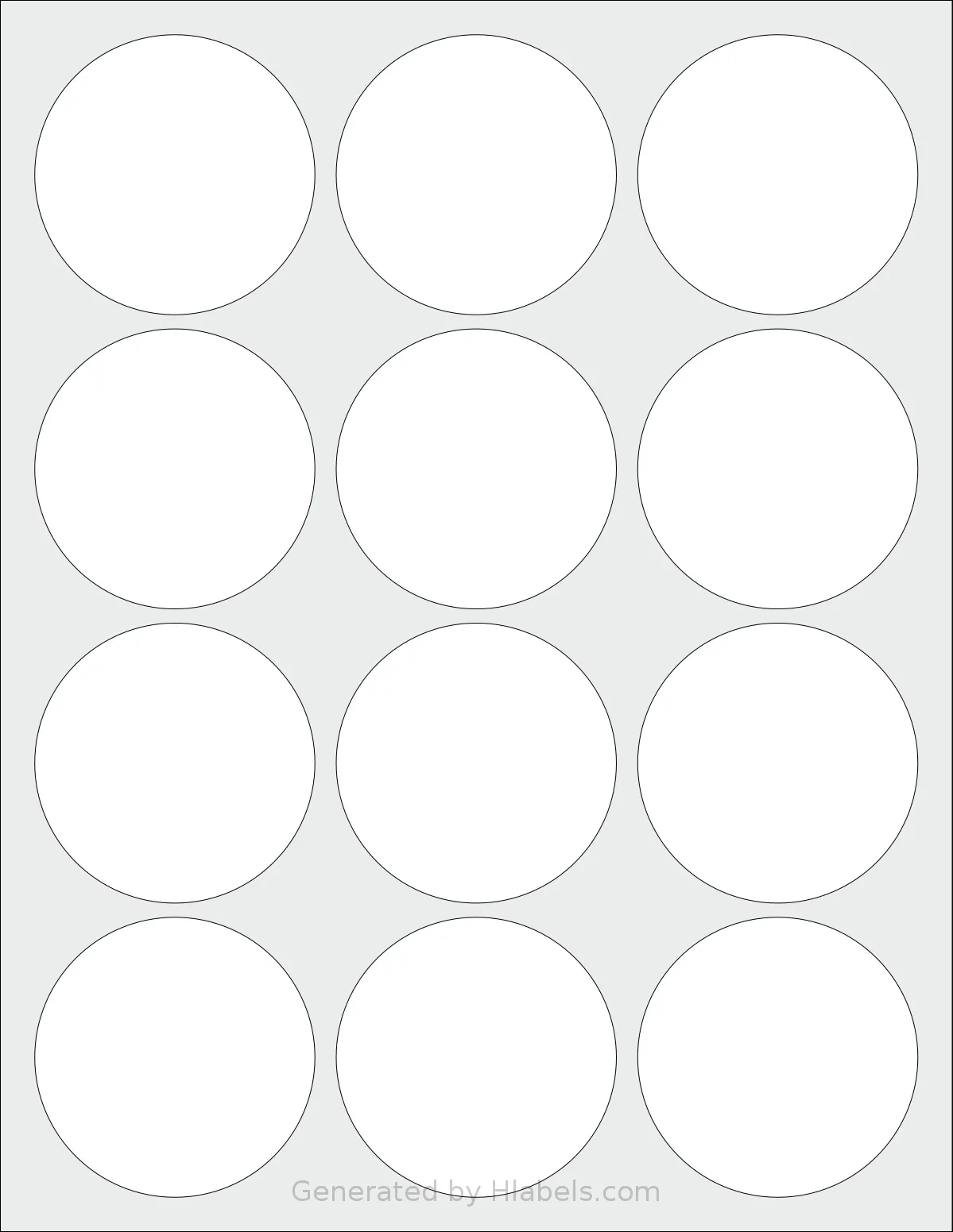 ChromaLabel® CAL04474 template with 12 circle labels per sheet, each 2.5 inch in diameter, on Letter-size adhesive blank label sheets.