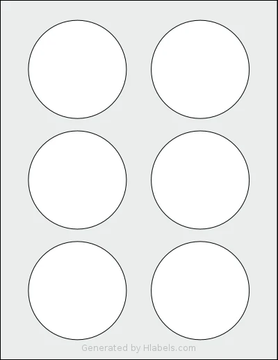ChromaLabel® CAL04475 template with 6 circle labels per sheet, each 3 inch in diameter, on Letter-size adhesive blank label sheets.