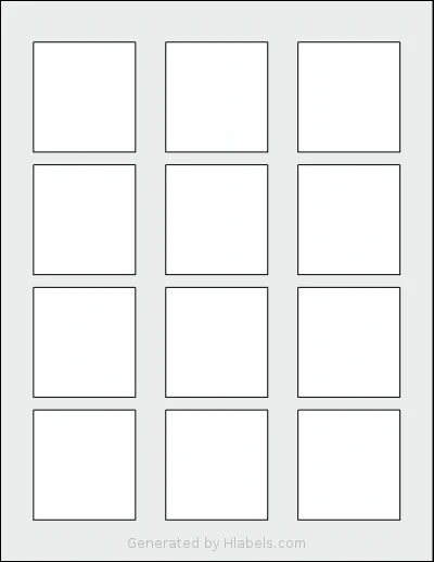Dashleigh® 8387 template with 12 rectangular 2 x 2.15 inch labels per sheet, on Letter-size adhesive blank label sheets.