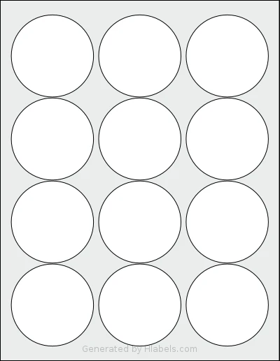 Dashleigh® 8416 template with 12 circle labels per sheet, each 2.5 inch in diameter, on Letter-size adhesive blank label sheets.