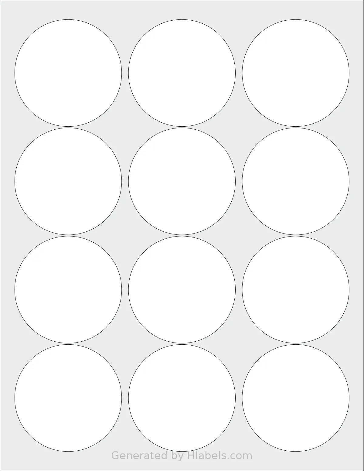 Dashleigh® 8416 template with 12 circle labels per sheet, each 2.5 inch in diameter, on Letter-size adhesive blank label sheets.