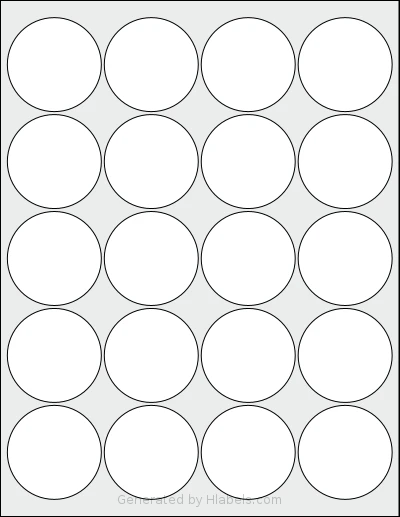 Dashleigh® 8424 template with 20 circle labels per sheet, each 2 inch in diameter, on Letter-size adhesive blank label sheets.