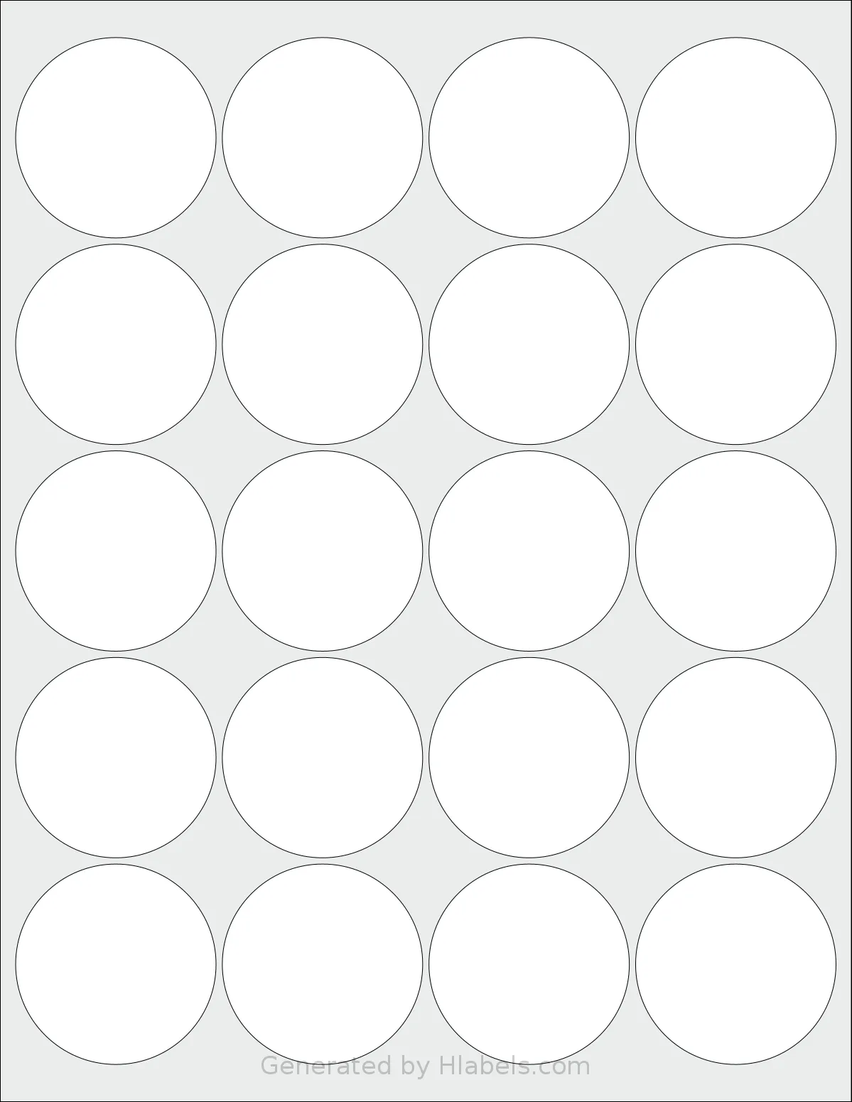Dashleigh® 8424 template with 20 circle labels per sheet, each 2 inch in diameter, on Letter-size adhesive blank label sheets.