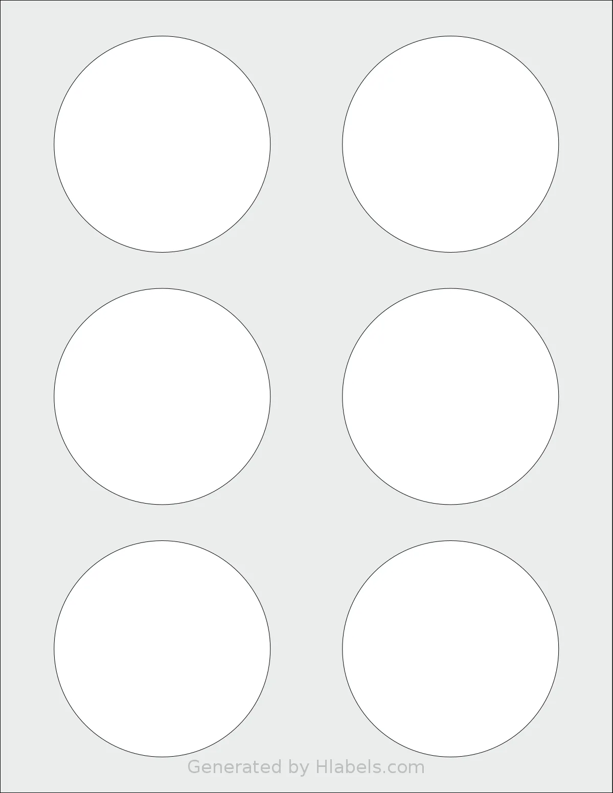 Dashleigh® 8425 template with 6 circle labels per sheet, each 3 inch in diameter, on Letter-size adhesive blank label sheets.