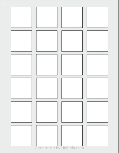Dashleigh® 8426 template with 24 square 1.5 x 1.5 inch labels per sheet, on Letter-size adhesive blank label sheets.