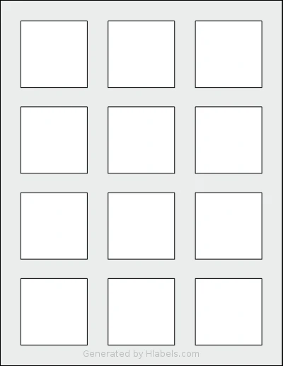 Dashleigh® 8427 template with 12 square 2 x 2 inch labels per sheet, on Letter-size adhesive blank label sheets.