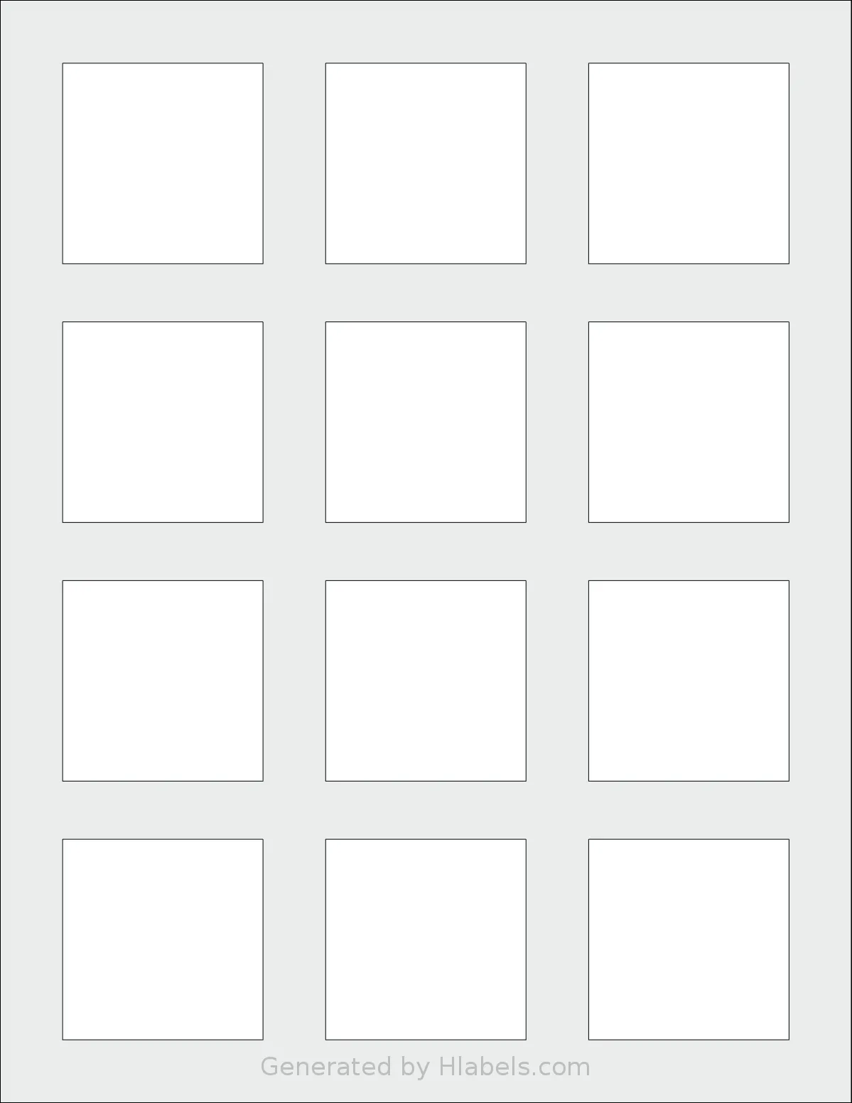 Dashleigh® 8427 template with 12 square 2 x 2 inch labels per sheet, on Letter-size adhesive blank label sheets.