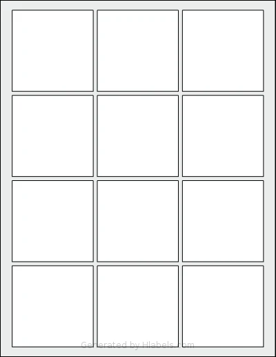 Dashleigh® 8428 template with 12 square 2.5 x 2.5 inch labels per sheet, on Letter-size adhesive blank label sheets.