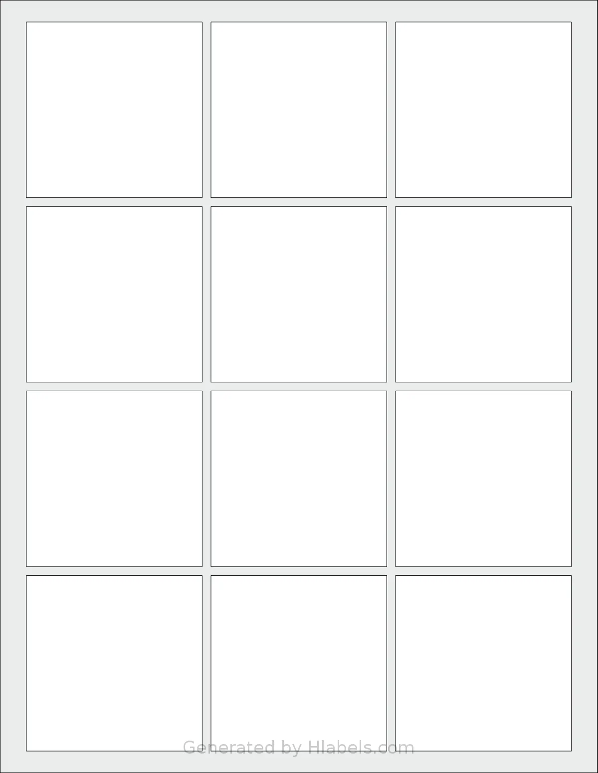 Dashleigh® 8428 template with 12 square 2.5 x 2.5 inch labels per sheet, on Letter-size adhesive blank label sheets.
