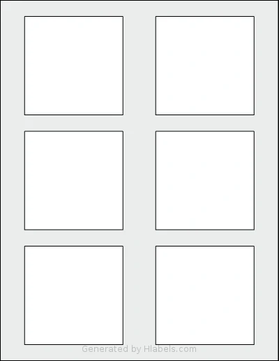 Dashleigh® 8429 template with 6 square 3 x 3 inch labels per sheet, on Letter-size adhesive blank label sheets.
