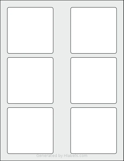 Dashleigh® 8432 template with 6 square 3.15 x 3.15 inch labels per sheet, on Letter-size adhesive blank label sheets.
