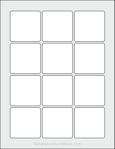 Dashleigh® 8433 template with 12 square 2.25 x 2.25 inch labels per sheet, on Letter-size adhesive blank label sheets.