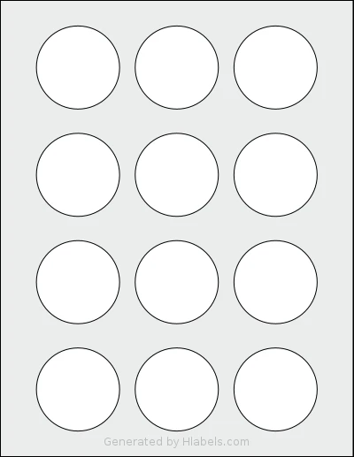 Dashleigh® 8436 template with 12 circle labels per sheet, each 2 inch in diameter, on Letter-size adhesive blank label sheets.